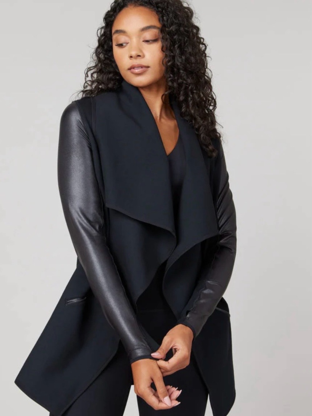 Black Drape Front Jacket with Faux-Leather Sleeves